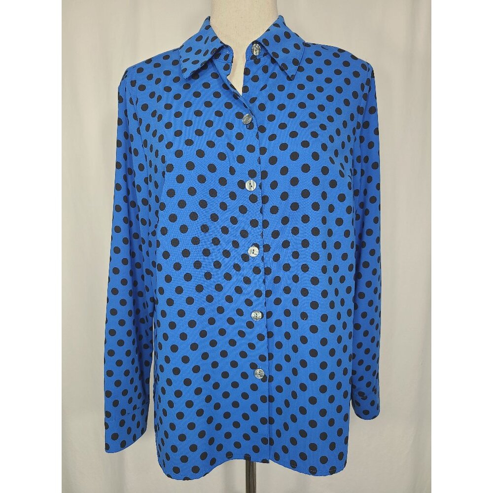 Naomi Womens Long Sleeves Top Blouse Blue Black Polka Dots M A123